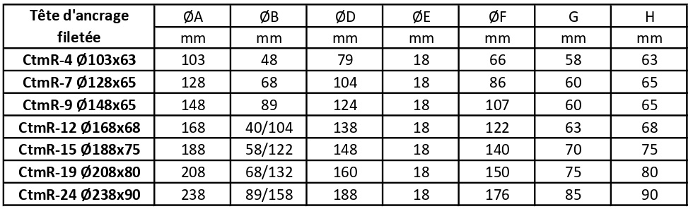 TÊTES D'ANCRAGE CTMR tableau des dimensions